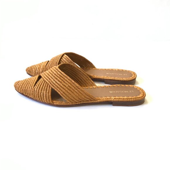 Le Mogador Azoulay Flats Slides Mules Womens 39 9 Tan Raffia Leather Slip On - Picture 6 of 10